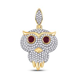 Mens Round Ruby Diamond Owl Bird Charm Pendant 2-5/8 Cttw 14kt Yellow Gold - REF-126Y9N