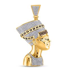 Mens Round Red Color Enhanced Diamond Pharaoh Nefertiti Pendant 1 Cttw 10kt Yellow Gold - REF-74K9Y