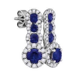 Womens Round Blue Sapphire Diamond Fashion Earrings 1-3/8 Cttw 18kt White Gold - REF-115K9Y