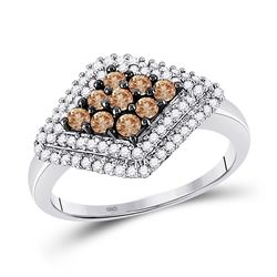 Womens Round Brown Diamond Diagonal Cluster Ring 3/4 Cttw 10kt White Gold - REF-25H5R