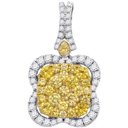 Womens Round Yellow Diamond Quatrefoil Frame Cluster Pendant 1-5/8 Cttw 14kt White Gold - REF-109W5K