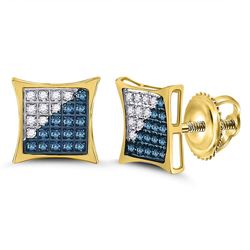Mens Round Blue Color Enhanced Diamond Square Kite Cluster Earrings 1/6 Cttw 10kt Yellow Gold - REF-