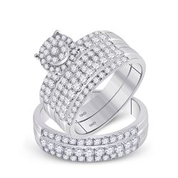 His Hers Round Diamond Cluster Matching Wedding Set 2 Cttw 14kt White Gold - REF-129F9W
