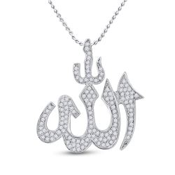 Mens Round Diamond Allah Islam Charm Pendant 1/3 Cttw 10kt White Gold - REF-18K5Y
