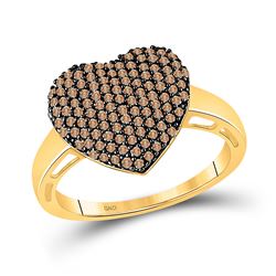 Womens Round Brown Diamond Heart Ring 5/8 Cttw 10kt Yellow Gold - REF-23A5M