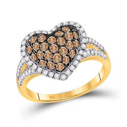 Womens Round Brown Diamond Heart Ring 1-1/3 Cttw 10kt Yellow Gold - REF-59Y5N