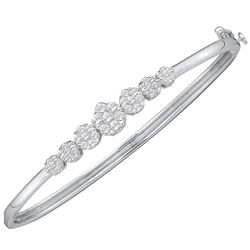 Womens Round Diamond Flower Cluster Bangle Bracelet 1 Cttw 14kt White Gold - REF-96N9F