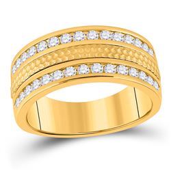 Mens Round Diamond Wedding Hammered Band Ring 1 Cttw 14kt Yellow Gold - REF-120X5A