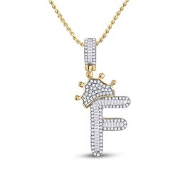 Mens Baguette Diamond Crown F Letter Charm Pendant 5/8 Cttw 10kt Yellow Gold - REF-27H9R