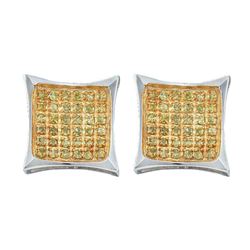 Womens Round Yellow Color Enhanced Diamond Cluster Earrings 1/6 Cttw 10kt White Gold - REF-9Y9N