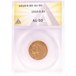 1916-S $5 Indian Head Half Eagle Gold Coin ANACS AU50