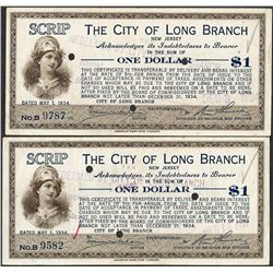 Lot of (2) 1934 $1 The City of Long Branch New Jersey Obsolete Scrips