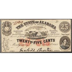 1863 Twenty Five Cents The State of Alabama Obsolete Note