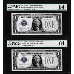 Lot of (2) Consecutive 1928A $1 Funnyback Silver Certificate Notes Fr.1601 PMG Choice Uncirculated 6