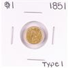 Image 1 : 1851 Type 1 $1 Liberty Head Gold Dollar Coin