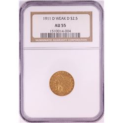 1911-D Weak D $2 1/2 Indian Head Quarter Eagle Gold Coin NGC AU55