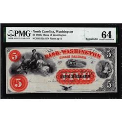 1860's $5 Bank of Washington North Carolina Obsolete Note PMG Choice Uncirculated 64