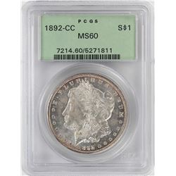1892-CC $1 Morgan Silver Dollar Coin PCGS MS60 Old Green Holder