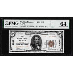 1929 Type 2 $5 First NB in Wichita, KS CH# 2782 National Note PMG Ch. Uncirculated 64