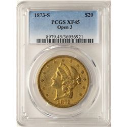 1873-S Open 3 $20 Liberty Head Double Eagle Gold Coin PCGS XF45