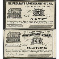 Lot of 1863 Five & Twenty Cents Mount Pleasant, MA Apothecary Store Obsolete Bank Notes