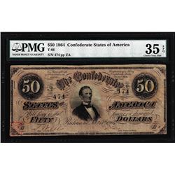 1864 $50 Confederate States of America Note T-66 PMG Very Fine 35EPQ Low Serial Number