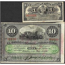Lot of 1896 Cuba Un & Diez Pesos Currency Notes