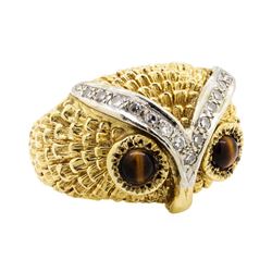 14KT Yellow Gold 0.65 ctw Tiger's Eye and Diamond Owl Motif Ring