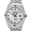 Rolex Mens Stainless Steel Silver MOP Roman 36MM Diamond & Emerald Datejust Wris