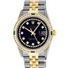 Rolex Mens 2 Tone 14K Black String Diamond & Emerald Datejust Wristwatch