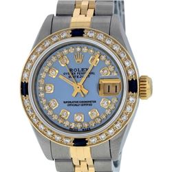 Rolex Ladies 2 Tone Yellow Gold Blue Mother Of Pearl Diamond & Sapphire Datejust