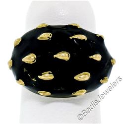 Vintage 18kt Yellow Gold Black Enamel Raised Dot Wide Domed Cocktail Ring