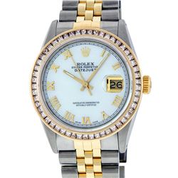 Rolex Mens 2 Tone 14K MOP Princess Cut Datejust Wristwatch With Rolex Box