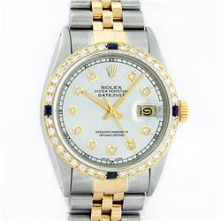 Rolex Mens 2 Tone 14K Silver & Sapphire Diamond 36MM Datejust Wriswatch