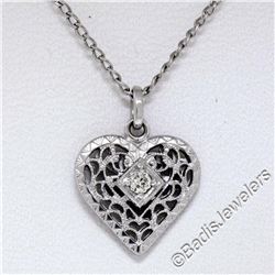 Vintage 14kt White Gold Open Filigree Solitaire Diamond Petite Heart Pendant Nec