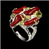 Image 1 : Natural Hand Made 12x5mm Red Coral Emerald Peridot Ring