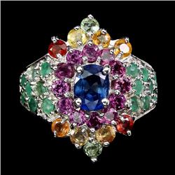 Natural Emerald, Sapphire &  Rhodolite Garnet Ring