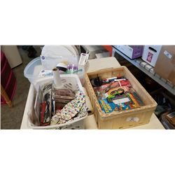 Box and two tote of office supplies and crafts supplies