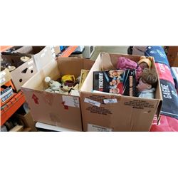 2 BOXES OF DOLLS, LOONEY TUNES MUGS, GAMES, BASEBALL GLOVES, ETC