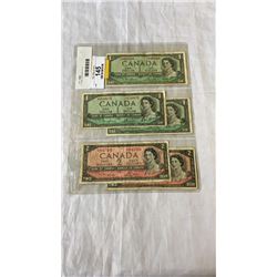 5  1954 CANADIAN BILLS - 3 1 DOLLAR BILLS AND 2  DOLLAR BILLS