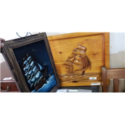 VELVET SHIP PAINTING, CARVED WOOD SHIP AND COWBOY PRINT