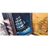 Image 2 : VELVET SHIP PAINTING, CARVED WOOD SHIP AND COWBOY PRINT