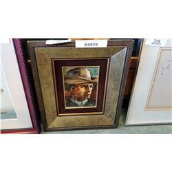 OIL ON PANEL PORTRAIT OF A MAN WITH COWBOY HAT, SIGNED