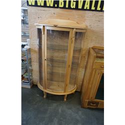 PINE BOWED GLASS DISPLAY CASE APPROX 5 FOOT TALL