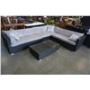 Image 2 : BRAND NEW OUTDOOR RATTAN SECTIONAL 114"x89", ALUMINUM FRAME, LIGHT GREY CUSHIONS W/ GLASS TOP COFFEE