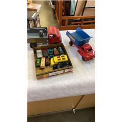 TRAY OF TOY CARS, VINTAGE METAL GRAVEL TRUCK AND  STRUCTO DUMP TRUCK