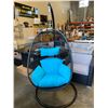 Image 1 : BRAND NEW OUTDOOR MODERN FOLDABLE HANGING CHAIR W/ BLUE CUSHIONS - RETAIL $949 AND RATED FOR 300LBS