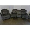 Image 2 : BRAND NEW MODERN VELVET 3 PIECE SOFA SET W/ DROP DOWN CONSOLE AND ROCKING RECLINER - RETAIL $2499