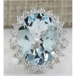 11.26 CTW Natural Aquamarine And Diamond Ring In 14K Solid White Gold