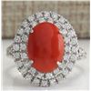 Image 1 : 3.15 CTW Natural Red Coral And Diamond Ring In 18K White Gold